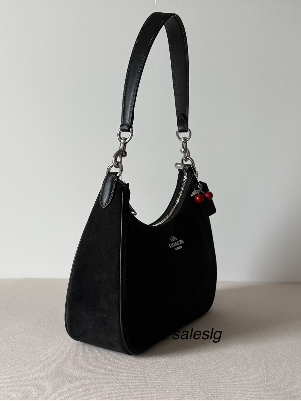 NWT Coach Teri Hobo Shoulder Bag Black Suede Silver Hardware Cherry Charm CCZ88 - Picture 6 of 15